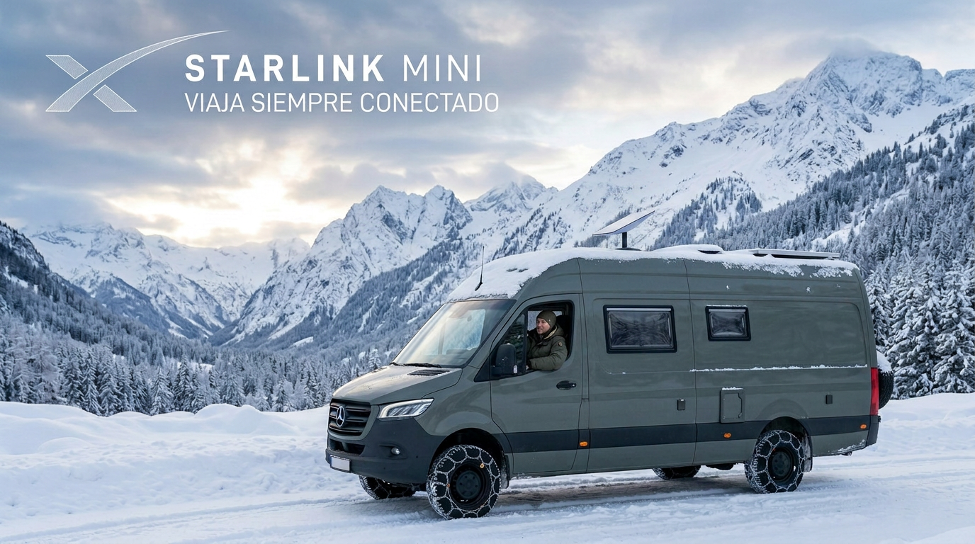 Motorhome en ruta con Starlink Mini instalado en el techo