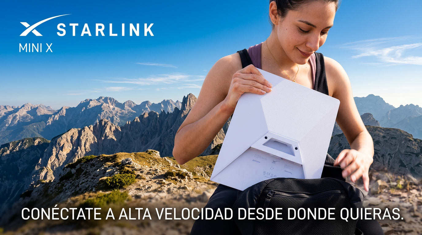 Senderista en alta montaña usando el Kit Starlink Mini